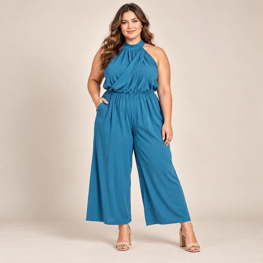 Lane Bryant Jumpsuit Womens 18 Teal Blue Wide Leg Chiffon High Neck V-Wrap NWT